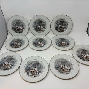 Set of 10 Currier & Ives Salad Dessert Plates Avon Winter Scene 1981 Porcelain